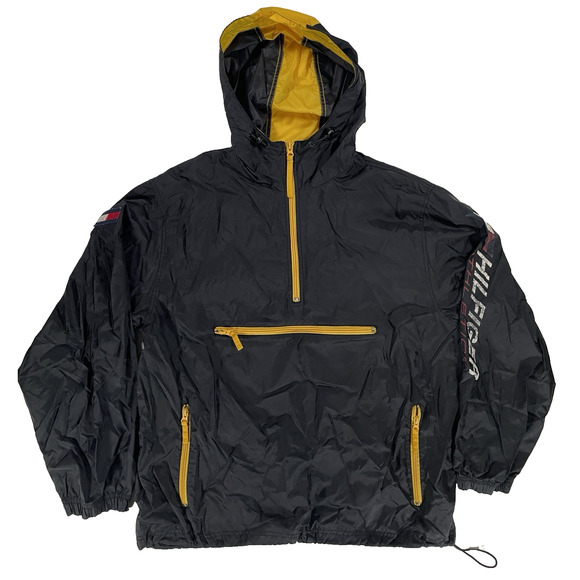 VTG 90s Tommy Hilfiger Athletics Mens M Black Hooded Anorak Pullover Y2k Jacket - Picture 1 of 9